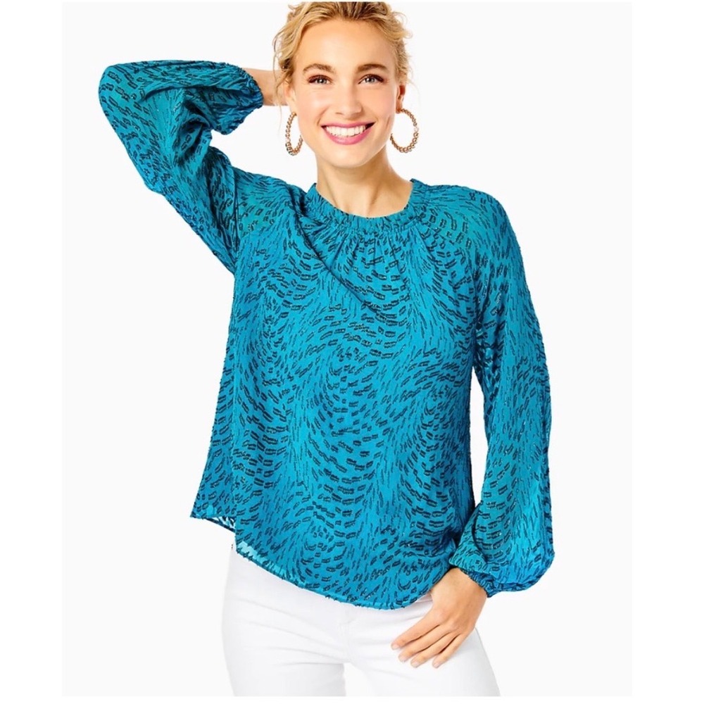 Lilly Pulitzer Caline Long Sleeves Silk Swirl Clip Blouse XL Teal Bay